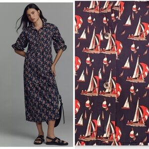 Anthropologie Maeve The Bettina Tiered Midi Dress Sailboat Print Size M